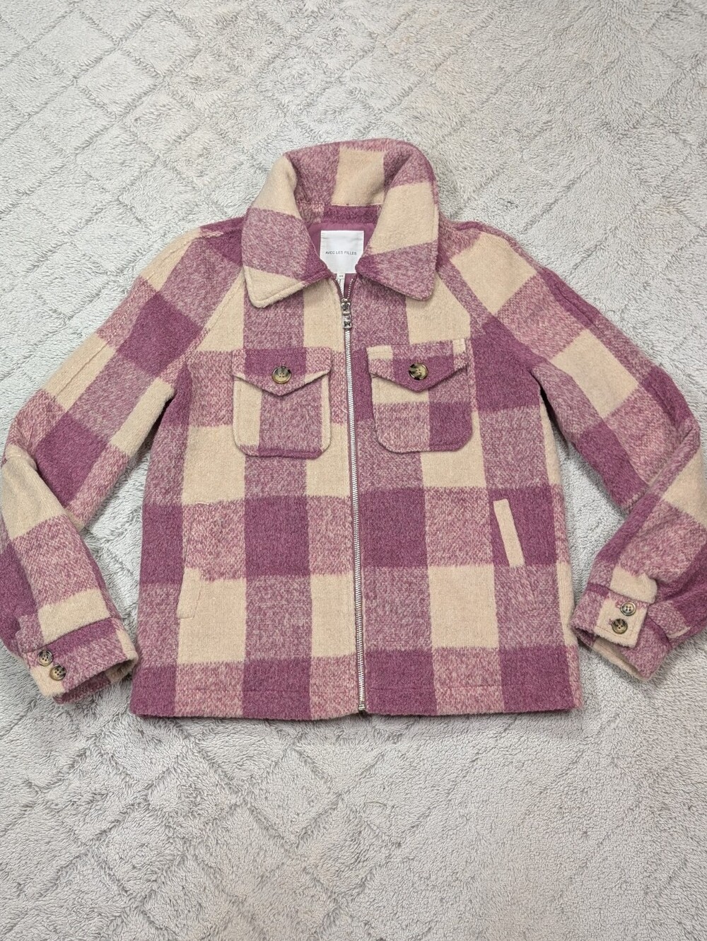 Avec Les Filles Jacket Womens XS Pink Plaid Fleece Trucker Shacket Collar Zip Up